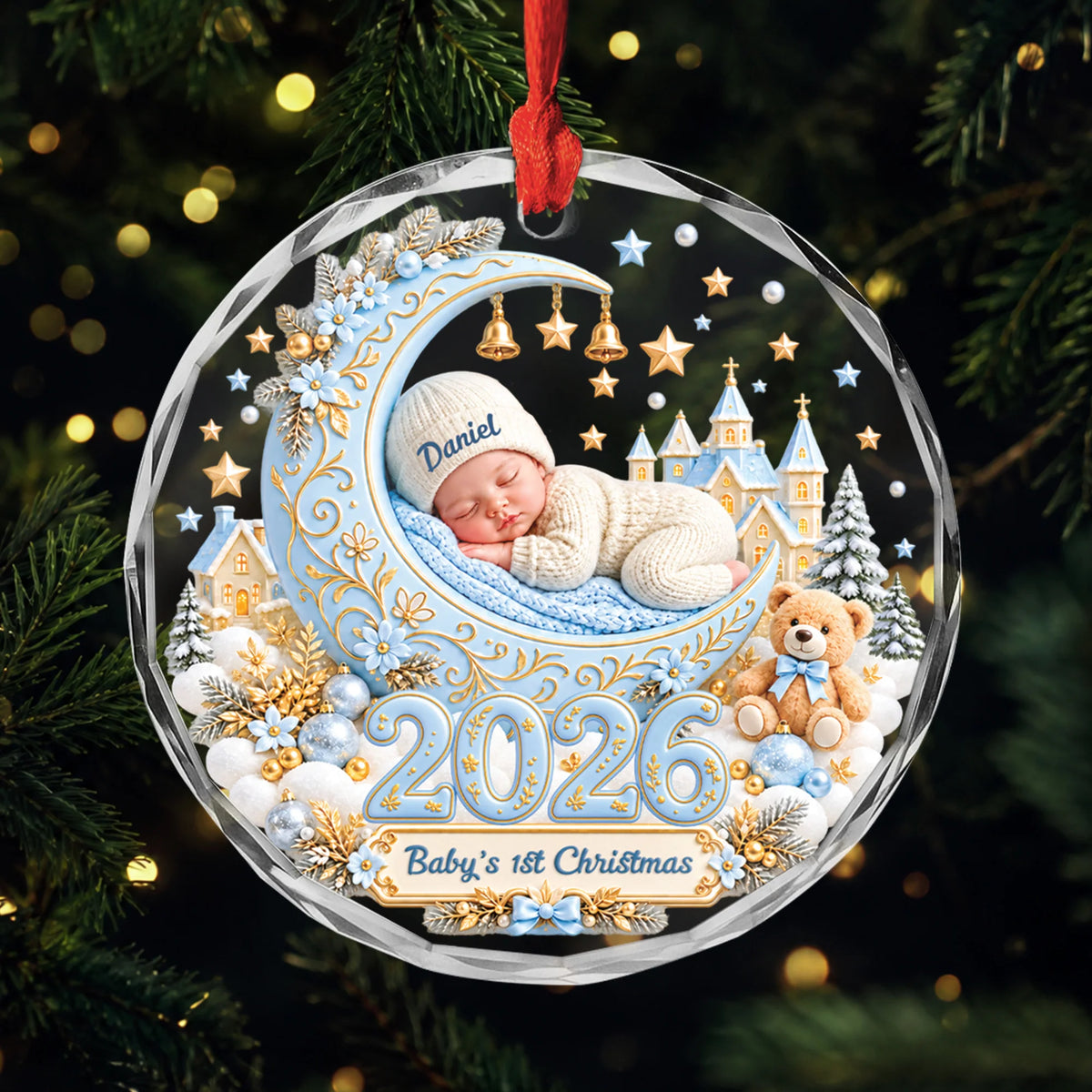 Baby's 1st Christmas Glass Ornament - Custom Sleeping Baby Crescent Moon Keepsake Gift