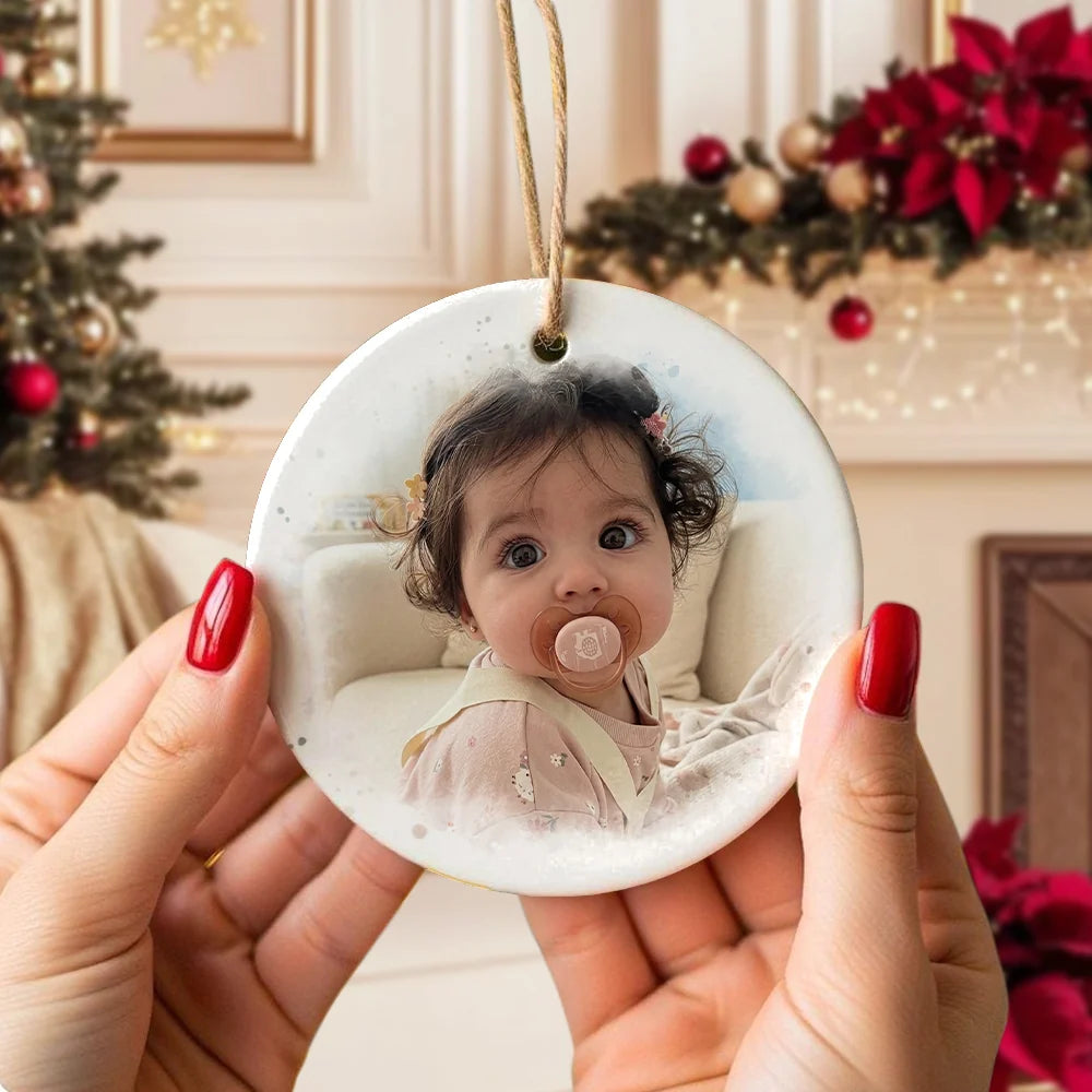 "Baby's First Christmas" Custom Photo Ceramic Ornament - Personalized Holiday Woodland Keepsake for New Parents