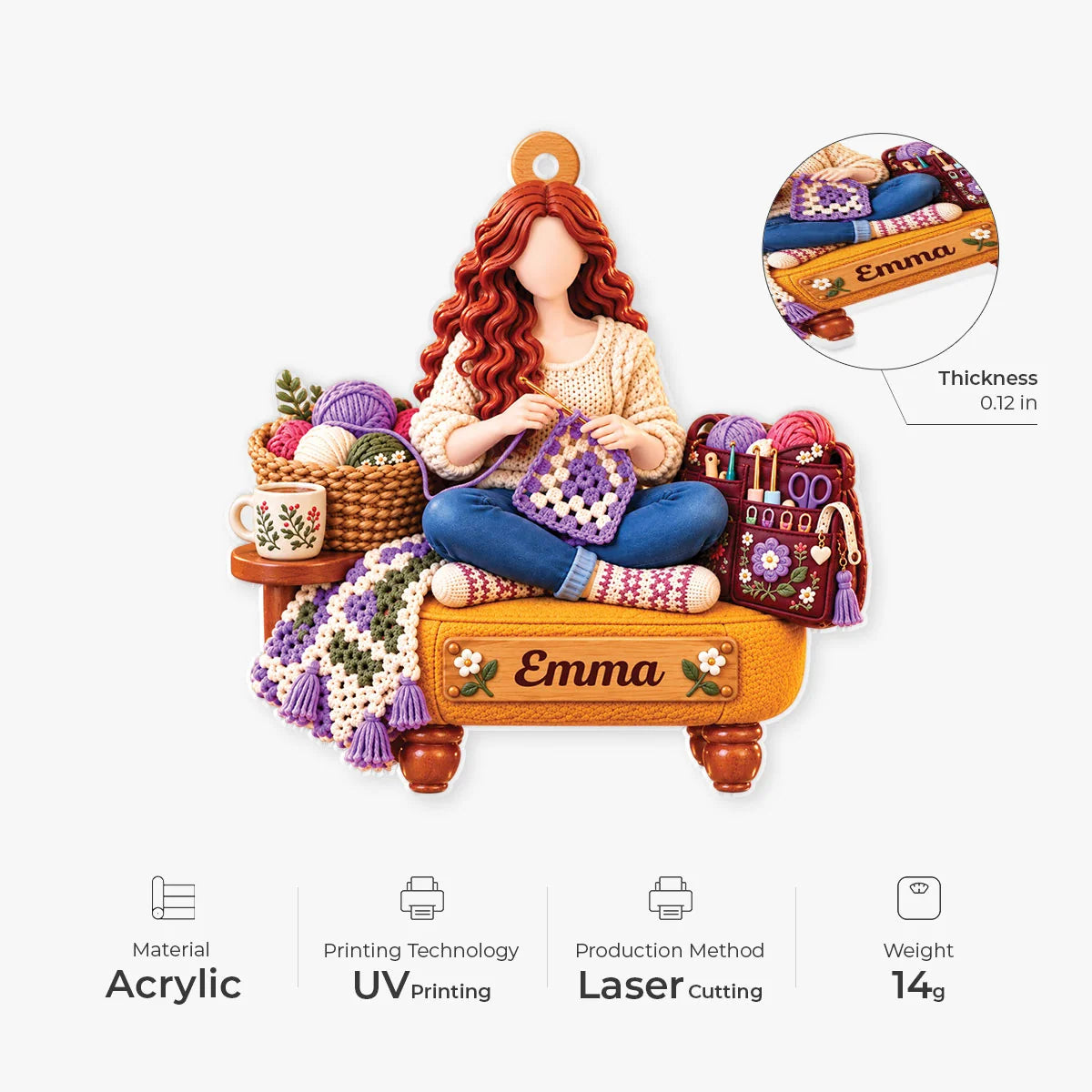 Personalized Crochet Girl Acrylic Ornament - Custom Name Keepsake Gift for Crafters