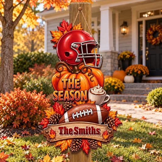 The Season Football Pumpkin Personalized Wood Sign - Rustic Fall Porch Decor for Family