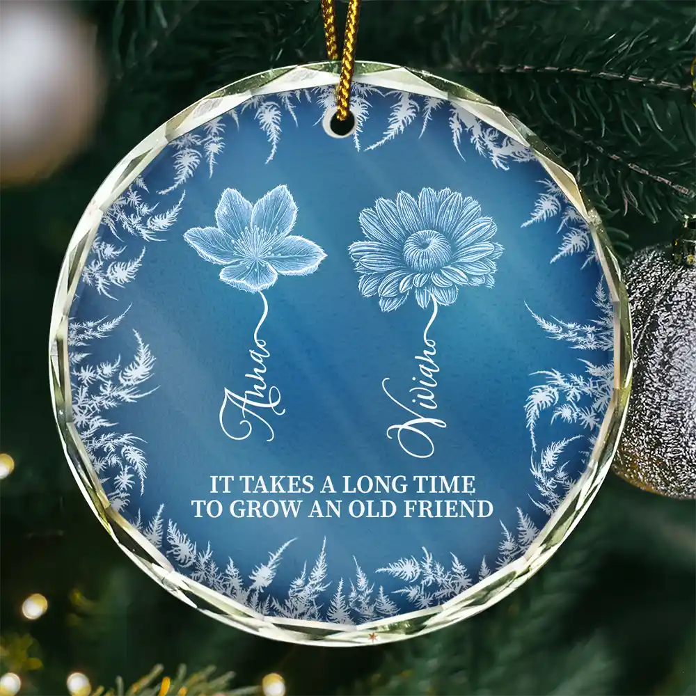 Gift For Bestie,Old Best friends,Love,Christmas - Frost Birth Flower Grow An Old Friend - Personalized Circle Glass Ornament