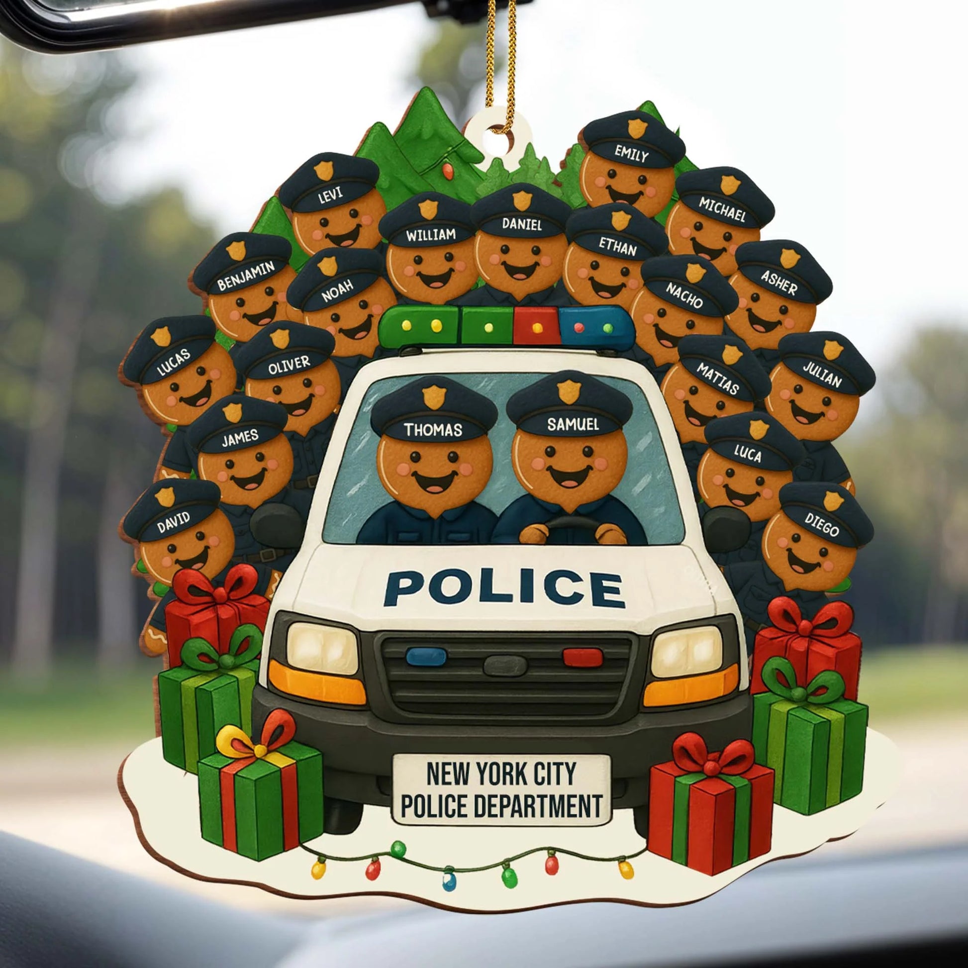 Personalized police ornament featuring a custom police car and gingerbread officers - holiday gift for law enforcement
