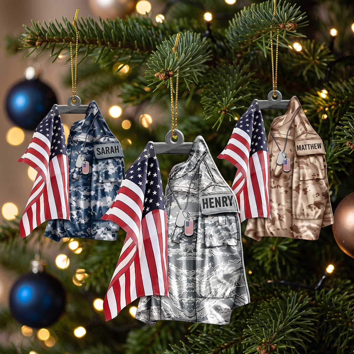 Personalized Military Uniform American Flag Acrylic Ornament - Custom Veteran Name Tag Keepsake