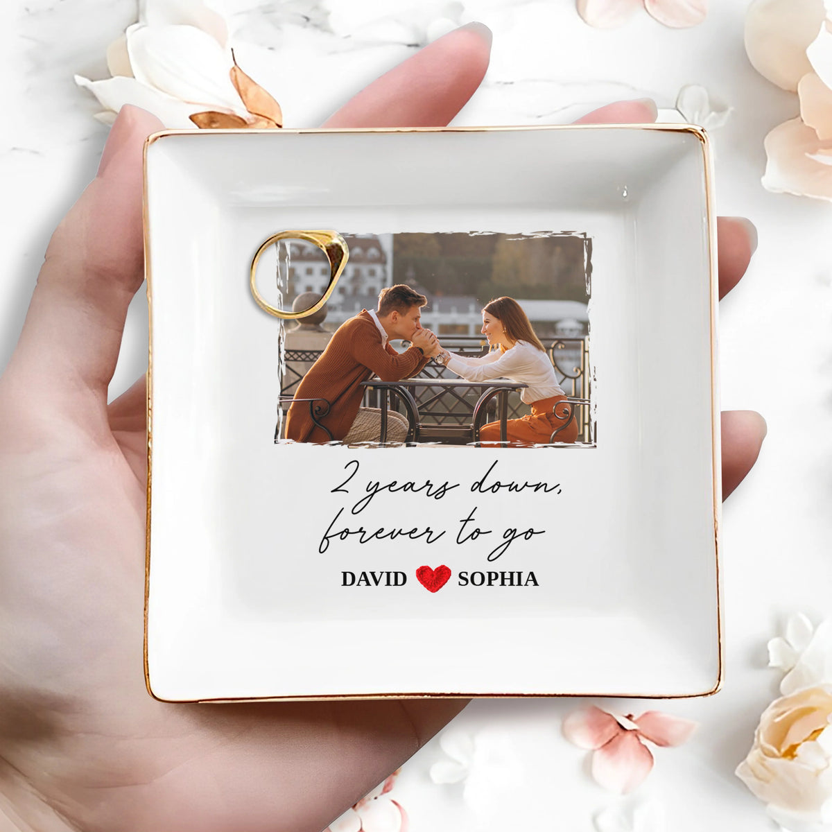 Two Years Down Forever To Go Custom Photo Ring Dish - Personalized Ceramic Couple Jewelry Tray