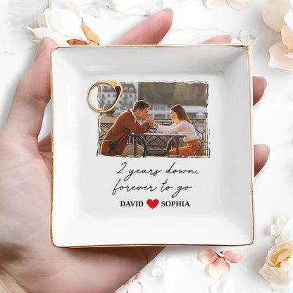 Two Years Down Forever To Go Custom Photo Ring Dish - Personalized Ceramic Couple Jewelry Tray