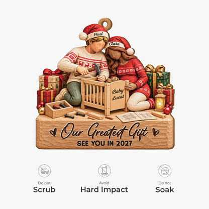 "Our Greatest Gift" Personalized Wooden Ornament for Expecting Couples - Custom Christmas Pregnancy Keepsake