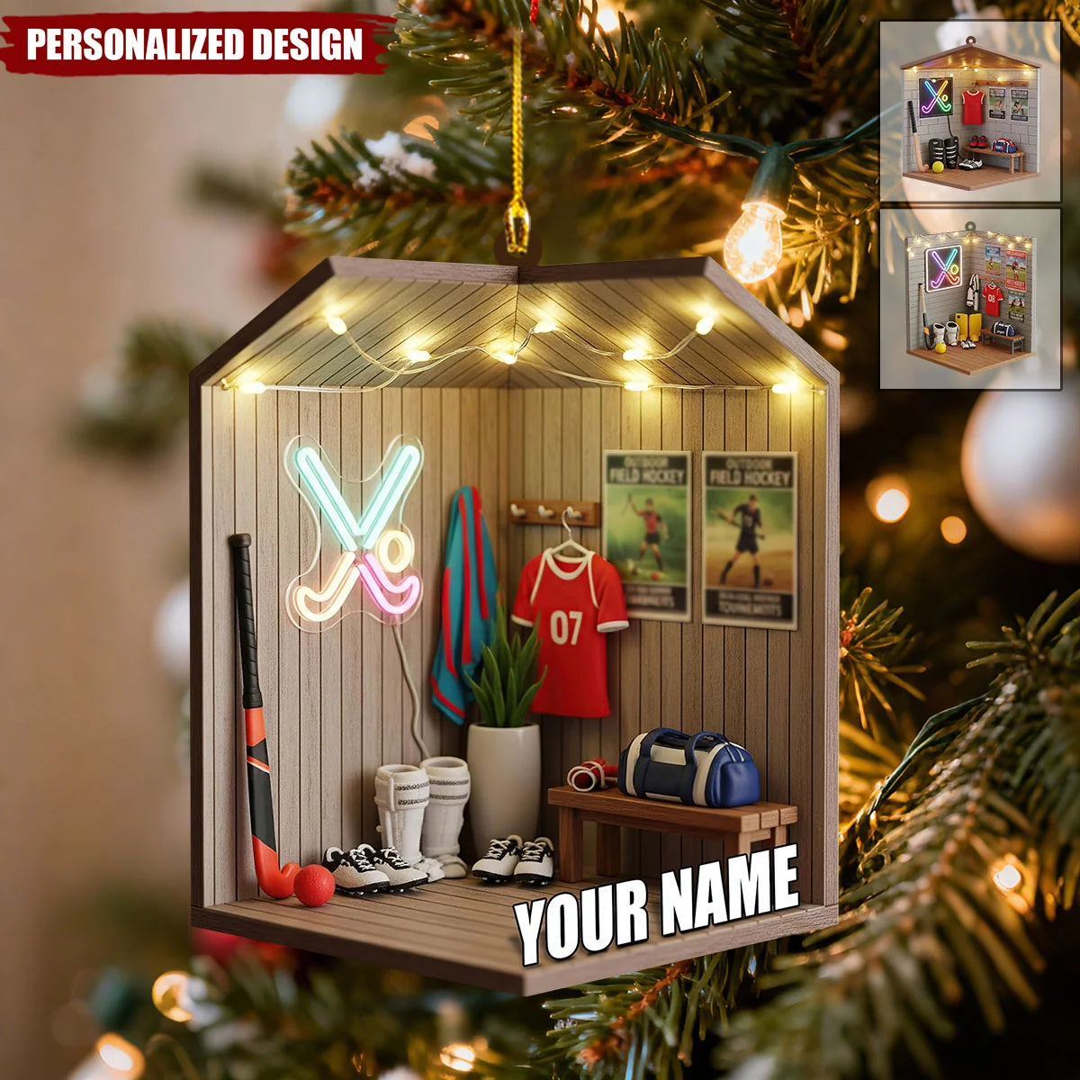Locker Room Scene Personalized Field Hockey Christmas Ornament - Sports Keepsake Gift for Player and Teammate