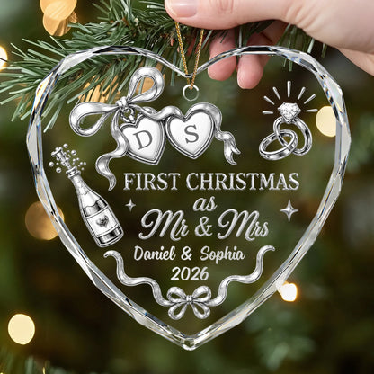 "First Christmas as Mr & Mrs" Personalized Glass Heart Ornament - Custom Married Couple Keepsake Gift