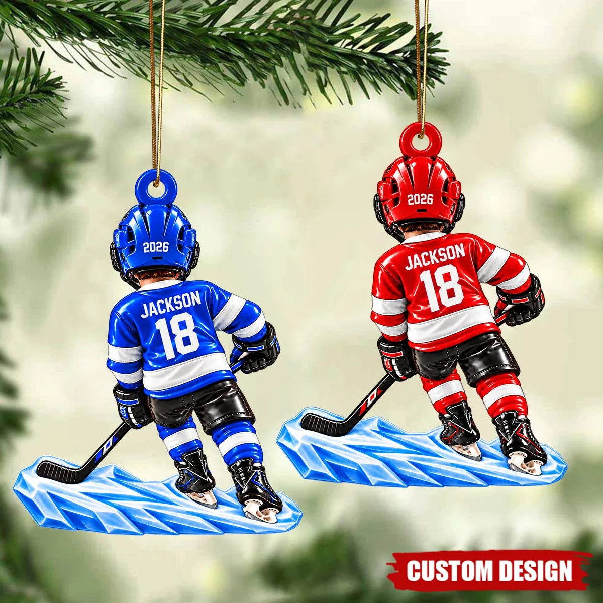 Custom Name & Number Personalized Hockey Ornament - Wooden Ice Hockey Keepsake Gift