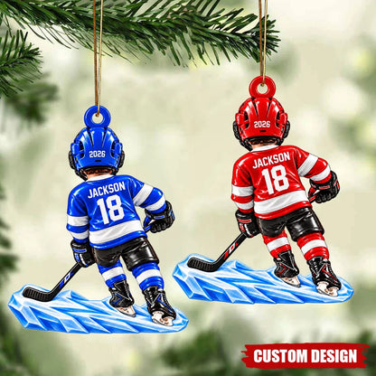 Custom Name & Number Personalized Hockey Ornament - Wooden Ice Hockey Keepsake Gift