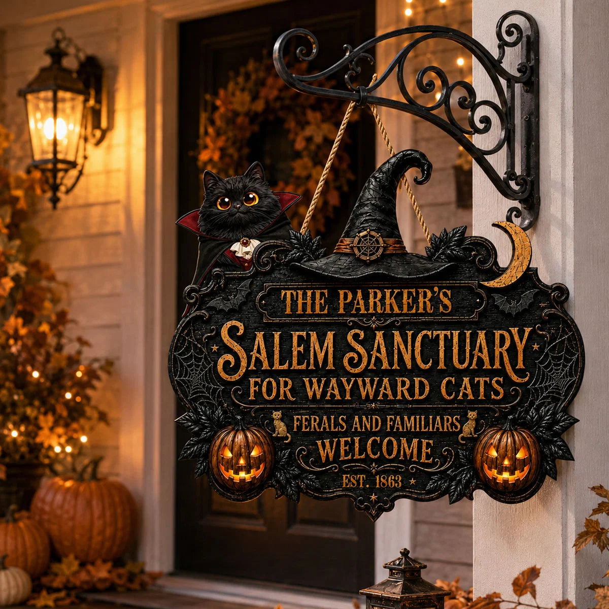 Salem Sanctuary For Wayward Cats Personalized Wood Sign - Custom Halloween Cat Lover Gift Decor