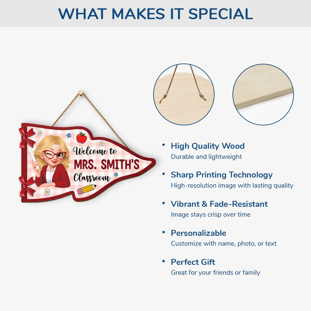 Wood Sign material and size view - Personalized Teacher Classroom Sign
