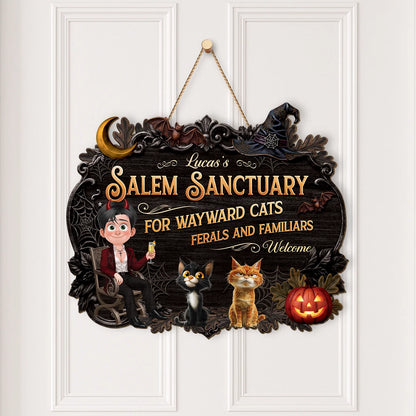Salem Sanctuary Ferals and Familiars Welcome - Personalized Halloween Wood Sign for Cat Lovers