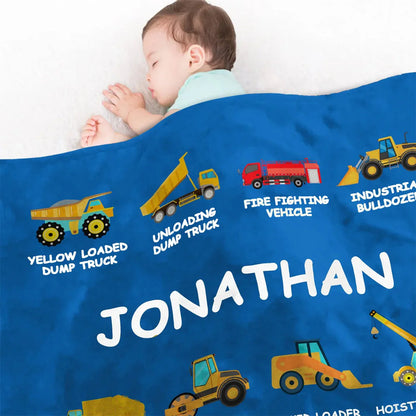 Personalized construction truck blanket featuring custom name and cartoon industrial vehicles for kids and toddlers image 6