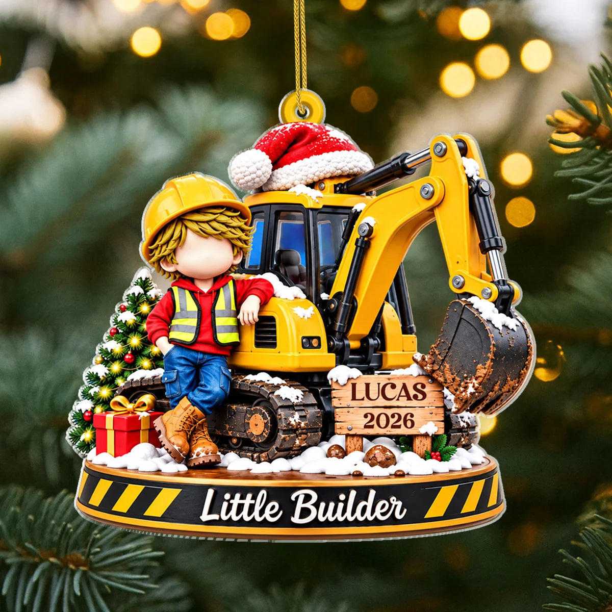 Little Builder Personalized Excavator Acrylic Ornament - Custom Christmas Keepsake Gift for Kids