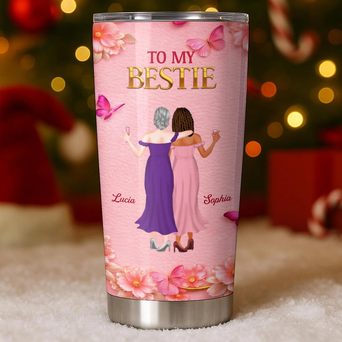 To My Bestie, Women Toasting With Flowers Stainless Steel Tumbler