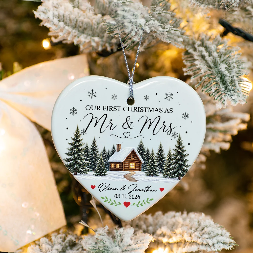 "Our First Christmas As Mr & Mrs" Personalized Ceramic Ornament - Custom Winter Cabin Gift for Couples