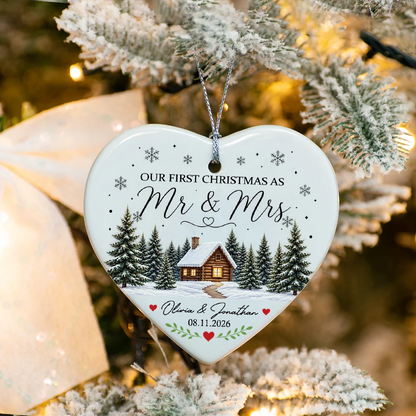 "Our First Christmas As Mr & Mrs" Personalized Ceramic Ornament - Custom Winter Cabin Gift for Couples