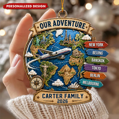 Our Adventure Custom Travel Wooden Ornament - Personalized Keepsake Gift for Couples and Families