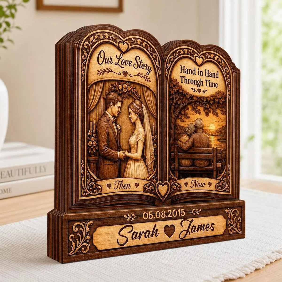 Our Love Story Personalized Wooden Block - Hand in Hand Custom Couple Anniversary Gift for Wife Husband