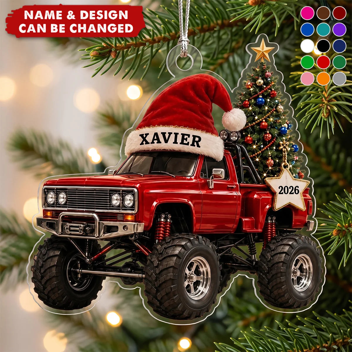 Personalized Monster Truck Christmas Acrylic Ornament - Custom Santa Truck Gift for Kids