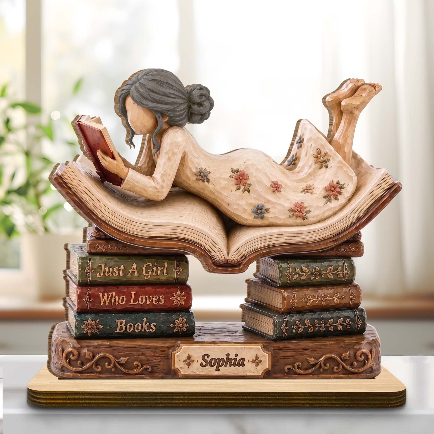 Personalized book lover wood plaque featuring a girl reading on a stack of books with custom name engraving