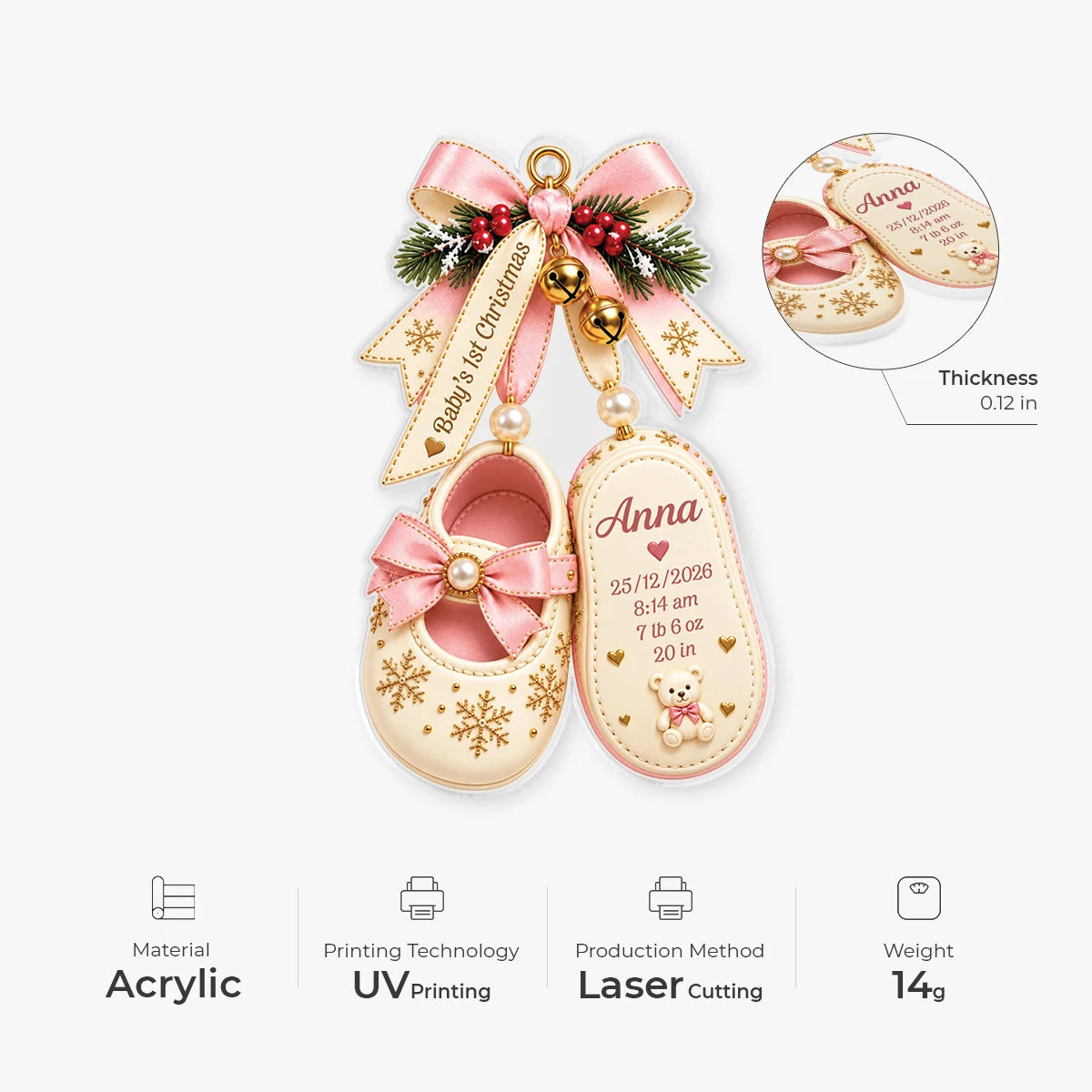 "Baby's 1st Christmas Shoes" Personalized Acrylic Ornament with Birth Stats - Keepsake for Newborn