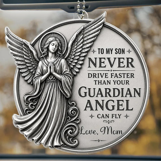 Personalized guardian angel car ornament with drive safe quote for son - acrylic rearview mirror charm gift