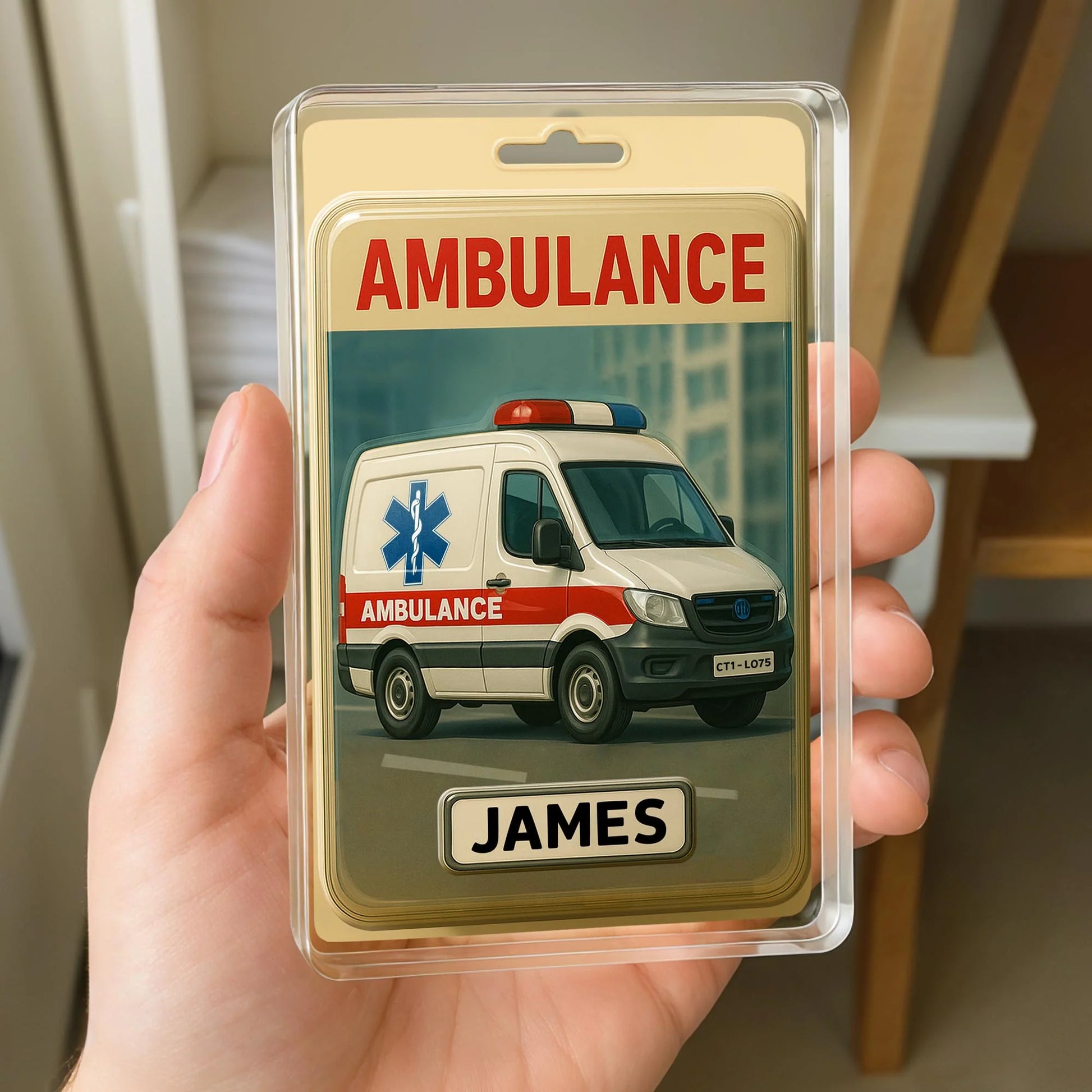 Custom ambulance plaque personalized with name James, freestanding acrylic keepsake sign for EMTs.