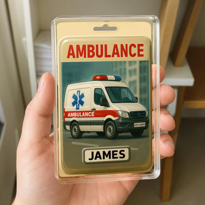 Custom ambulance plaque personalized with name James, freestanding acrylic keepsake sign for EMTs.