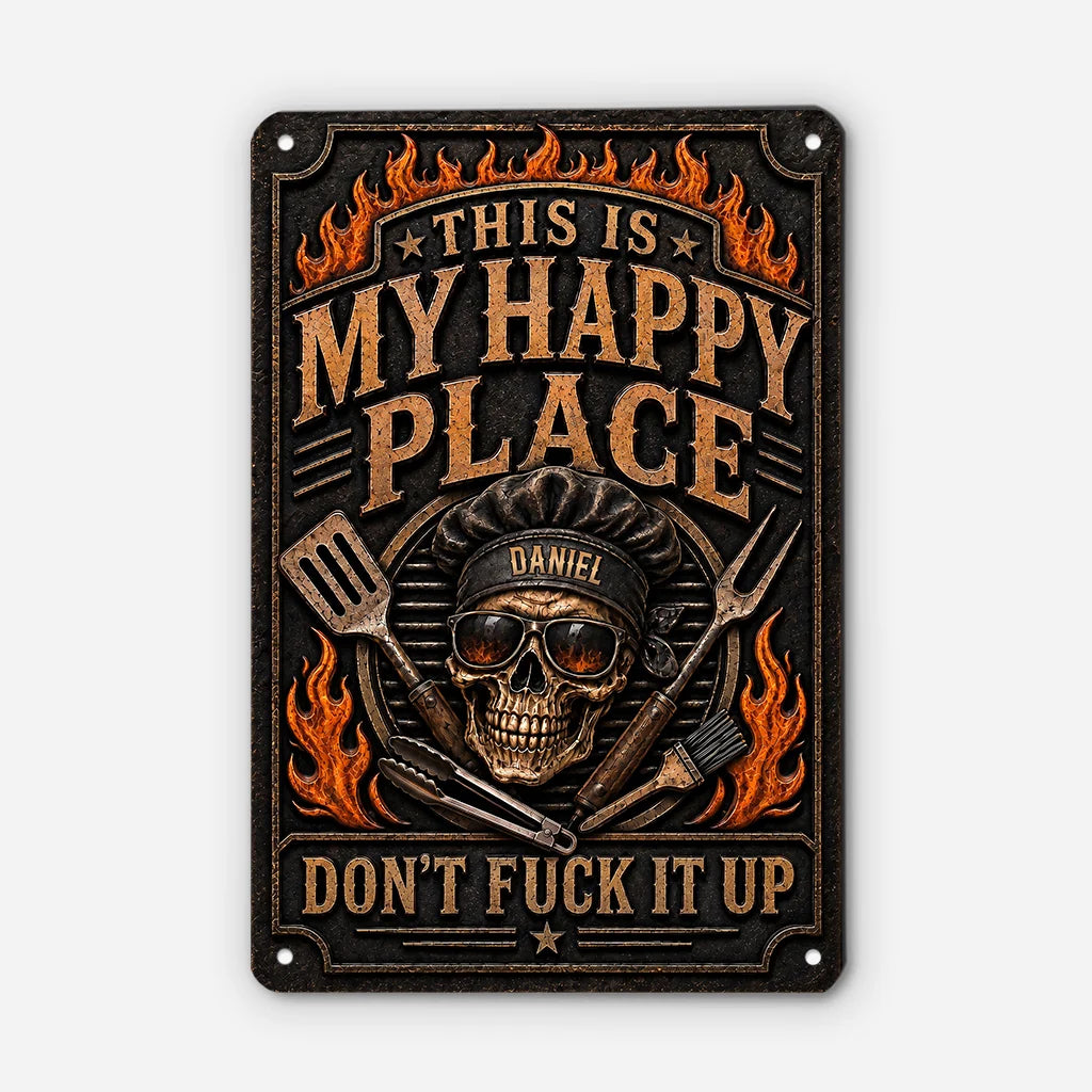This Is My Happy Place Skull Grill Metal Sign - Personalized BBQ Custom Grill Master Gift for Dad and Husband