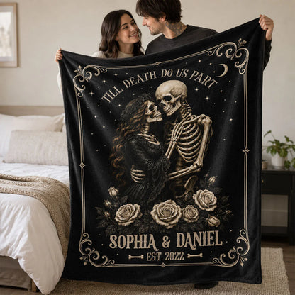 Till Death Do Us Part Skeleton Blanket - Personalized Gothic Couple Gift for Halloween & Anniversary