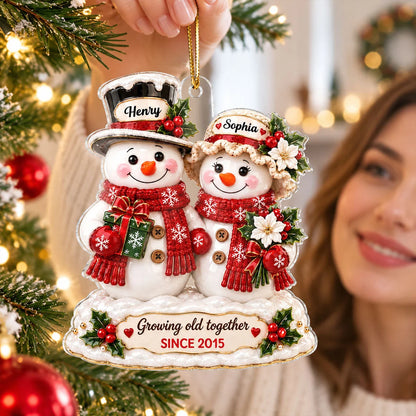 "Growing Old Together" Snowman Couple Personalized Acrylic Ornament - Christmas Gift for Couples