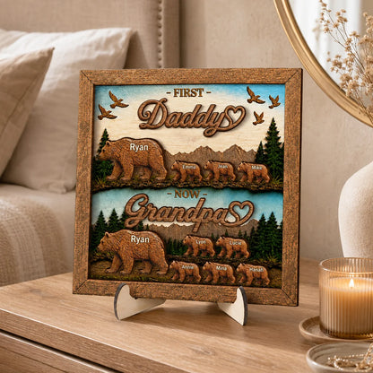 First Daddy Now Grandpa Bear Family Personalized Wooden Plaque - Custom Gift for Father, Dad, Husband