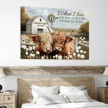 "What I Love Most About My Life" Personalized Highland Cow Canvas / Poster - Custom Wall Art for Couples Anniversary Gift