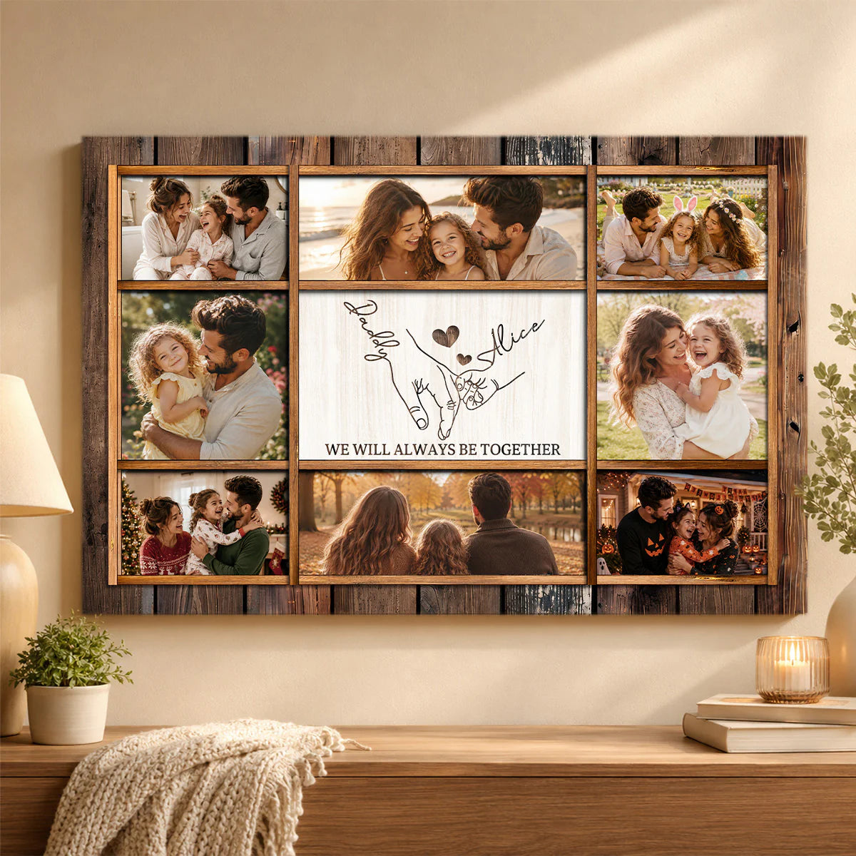 Custom family photo canvas featuring a personalized multi-photo collage with We Will Always Be Together quote