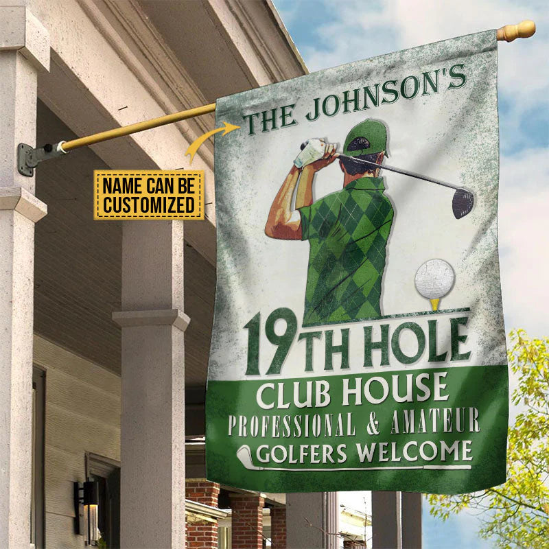 Personalized golf garden flag featuring a golfer swing design and custom family name 19th hole text