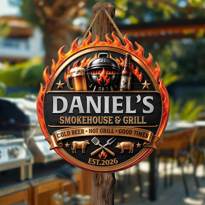 Grill & Chill Cold Beer Hot Grill Good Times - Personalized BBQ Patio Wood Sign Decor Gift