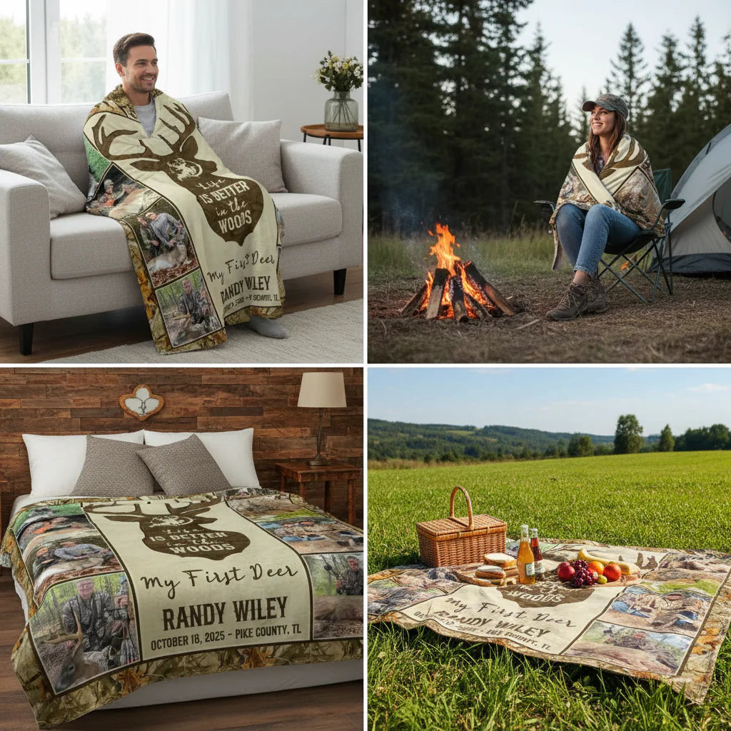 Personalized hunting blanket with custom photo collage and deer design - unique gift for dad and husband image 8