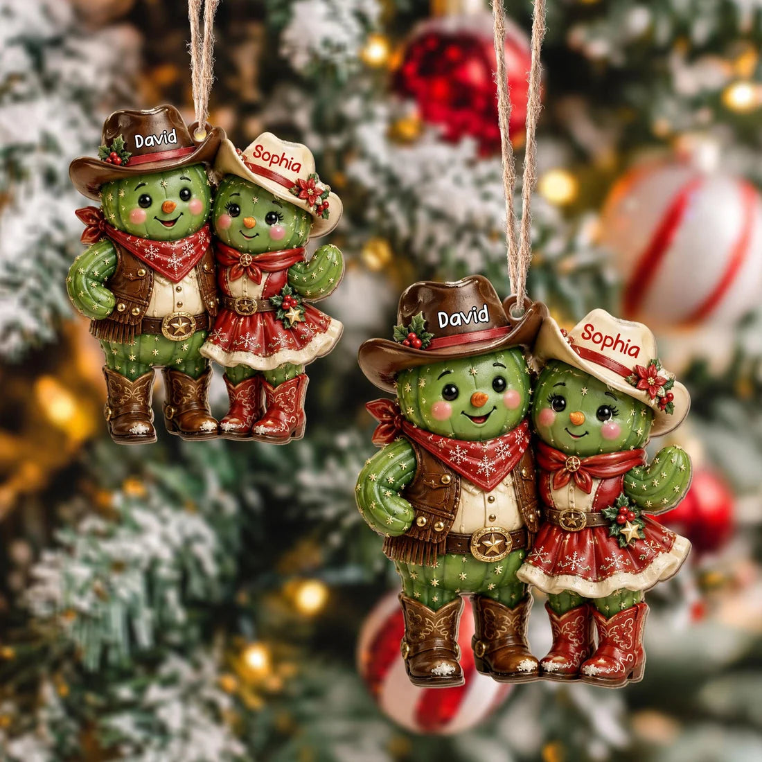 Custom Cactus Couple Wooden Ornament - Personalized Western Keepsake for Couples Christmas Tree