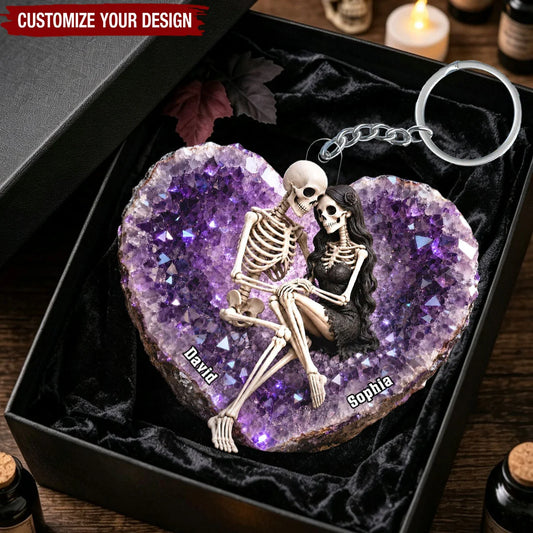Personalized skeleton couple keychain on purple crystal heart for Halloween anniversary gift