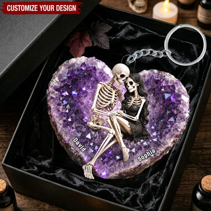 Personalized skeleton couple keychain on purple crystal heart for Halloween anniversary gift