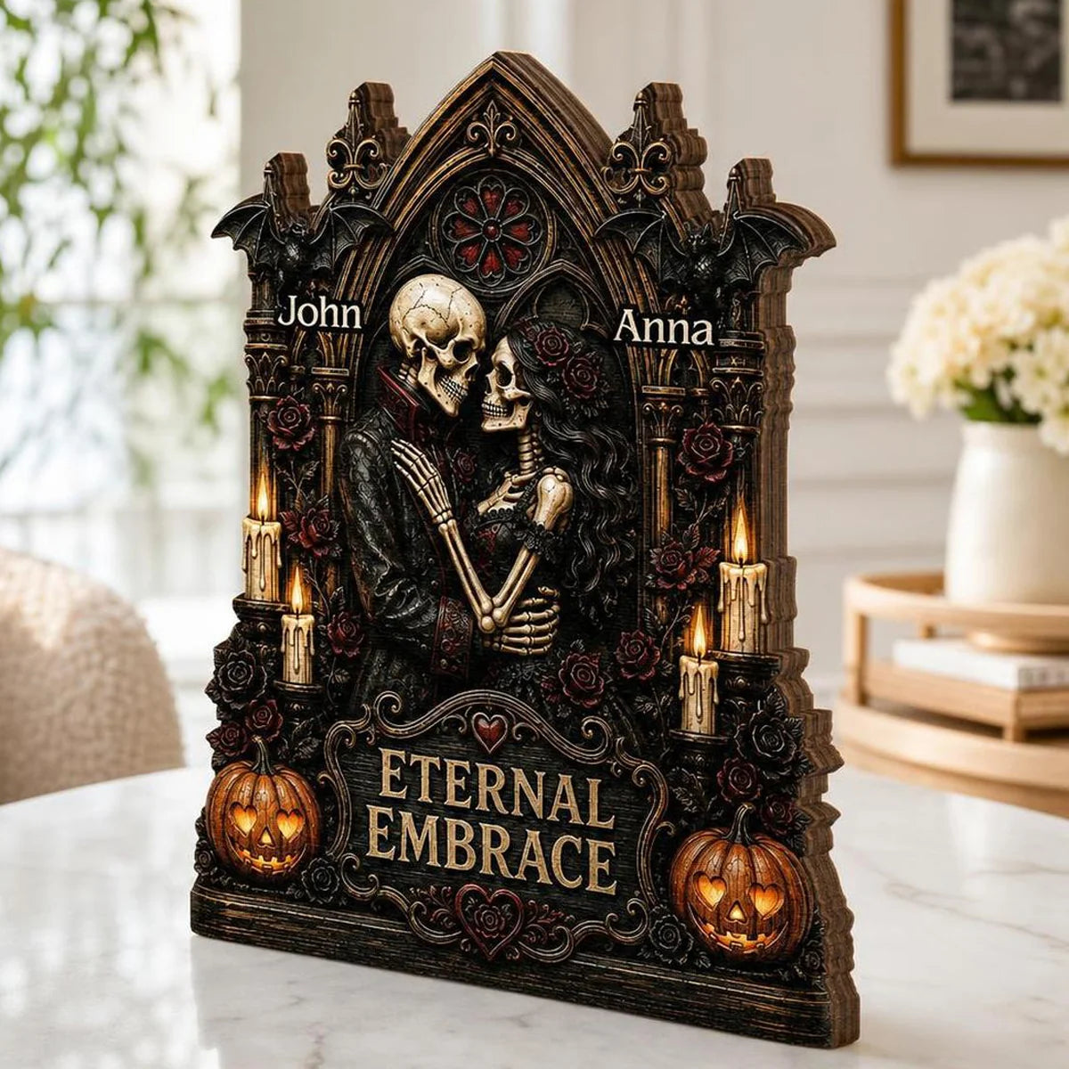 Eternal Embrace Custom Skeleton Couple Wooden Block - Personalized Gothic Anniversary Gift for Husband or Wife