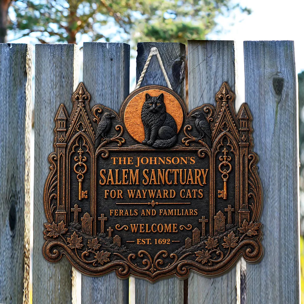 Salem Sanctuary For Wayward Cats Personalized Wood Sign - Custom Black Cat Halloween Gift