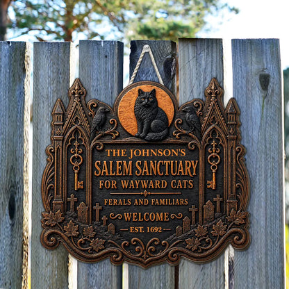 Salem Sanctuary For Wayward Cats Personalized Wood Sign - Custom Black Cat Halloween Gift