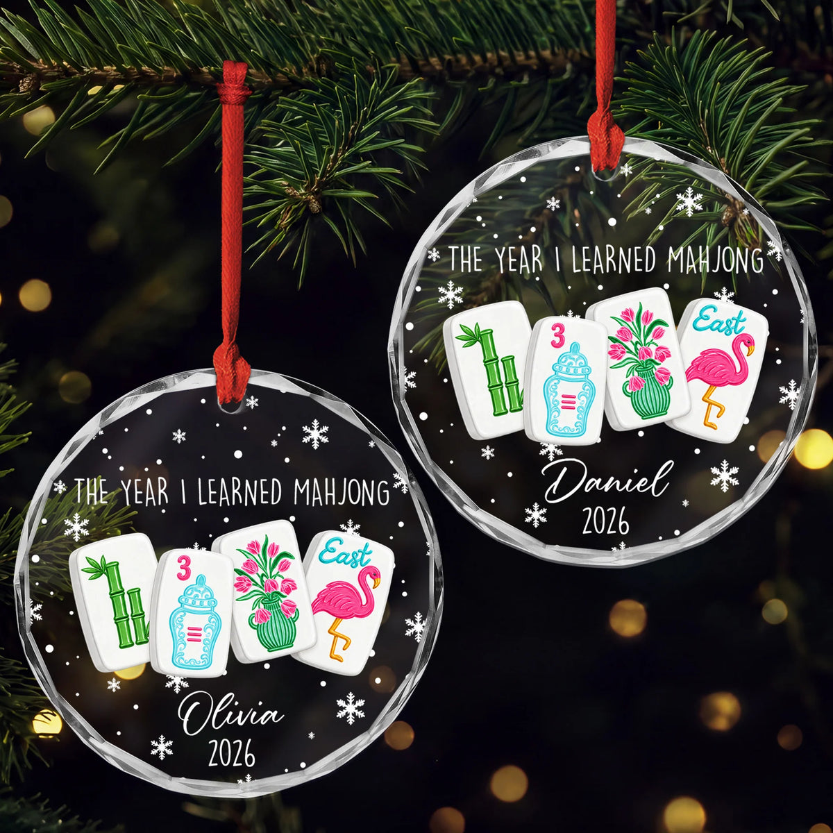 "The Year I Learned Mahjong" Custom Glass Ornament - Personalized Mahjong Gift for Friends
