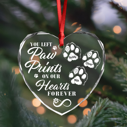 "You Left Paw Prints On Our Hearts Forever" Personalized Glass Ornament - Custom Pet Memorial Keepsake for Dog Lovers