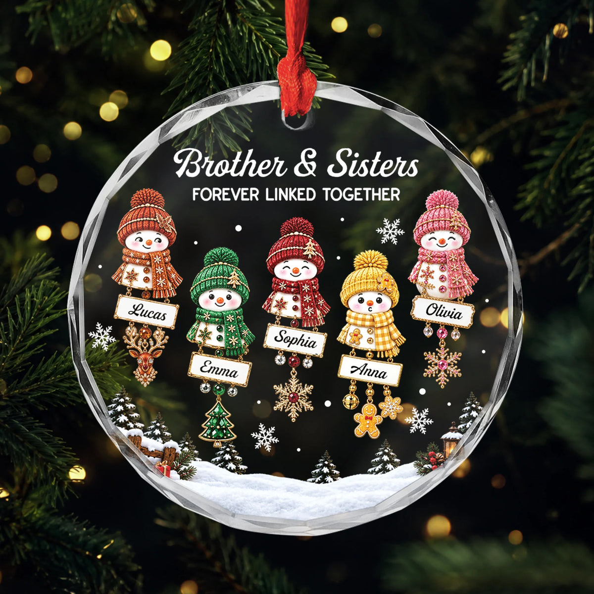 Forever Linked Together Custom Names Snowman Family Glass Ornament - Personalized Christmas Gift for Family