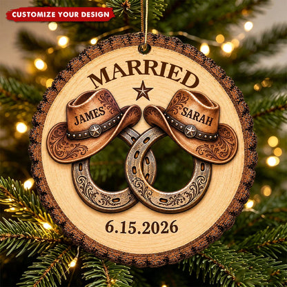 Engaged Western Cowboy Couple Ornament - Personalized Wooden Keepsake Gift for Couples