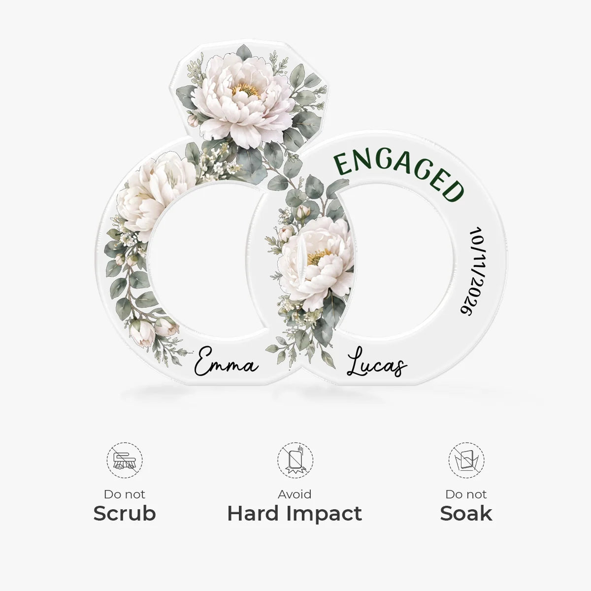 Custom Engagement Floral Rings Acrylic Plaque - Personalized Engagement Gift for Couples